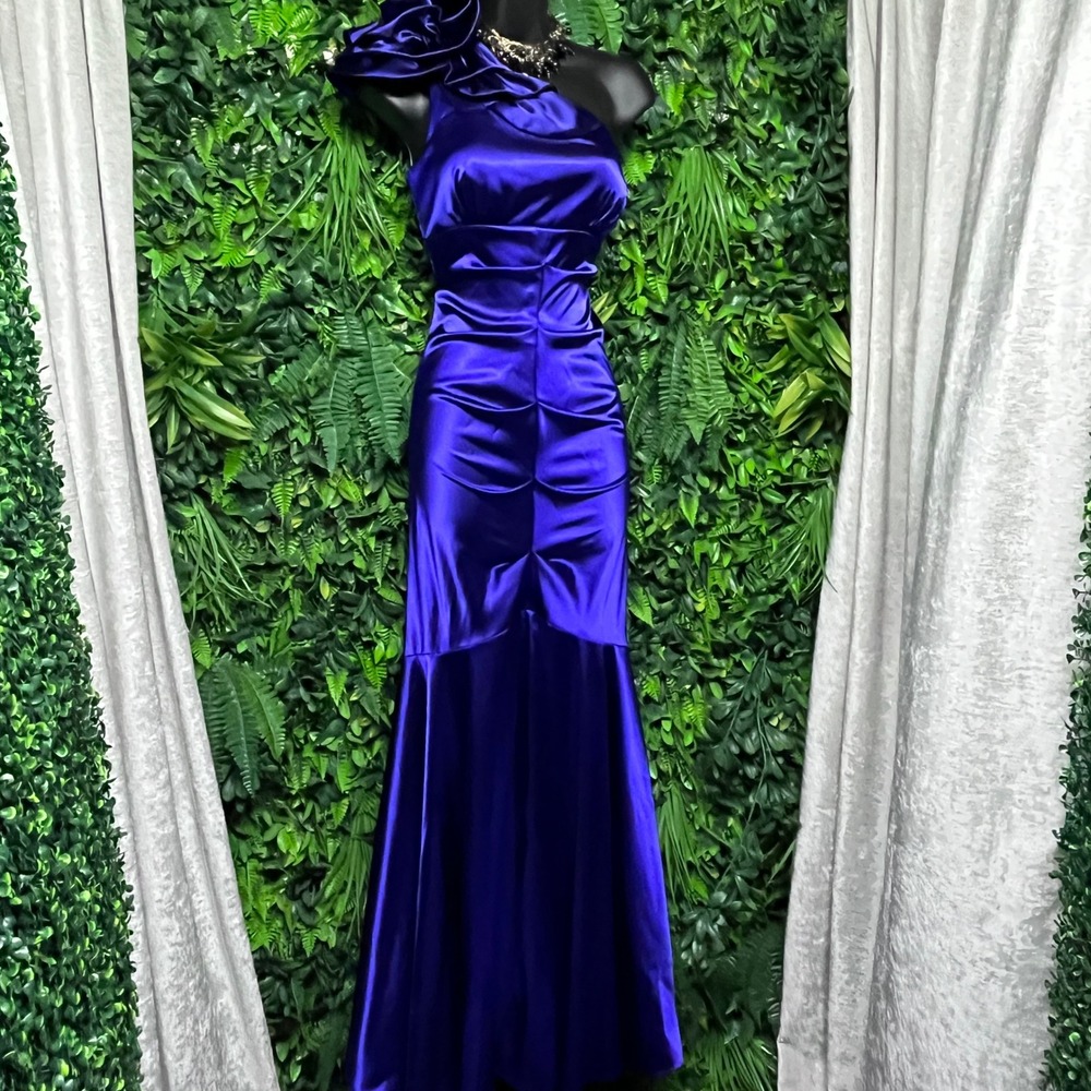 One Shoulder Dress XS Royal Purple Satin Mermaid Gown Ruched Floral Detail 3794 - Picture 3 of 6